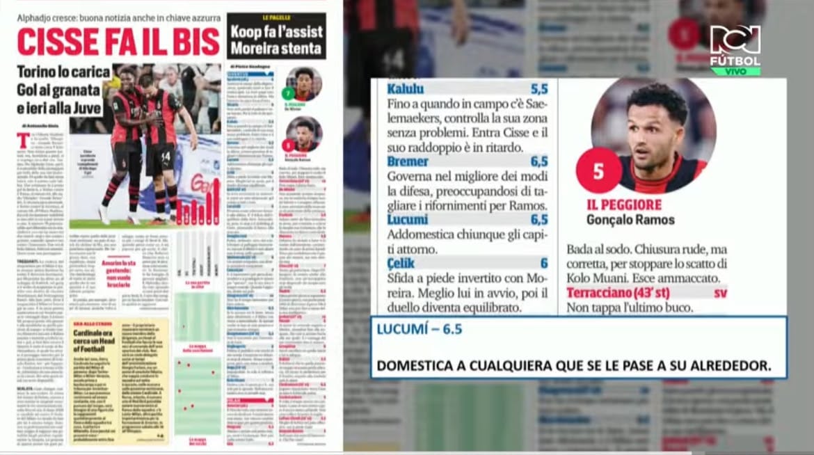Esta es la calificación de la prensa italiana al partido de Jhon Lucumí con Juventus ante AC Milán - crédito Corriere dello Sports