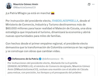 Mauricio Gómez Amín, ministro de Comercio designado, habló de los proyectos a los que se comprometió tras la jornada de empalme territorial en Cúcuta - crédito @MauricioGomezCO/X