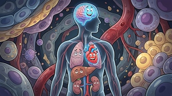 Ilustración de una silueta humana con órganos antropomórficos que muestran distintos estados de desgaste y expresiones sobre un fondo celular.