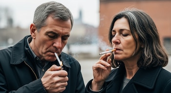 Hombre y mujer mayores de 50 años en un entorno urbano. El hombre enciende un cigarrillo con un encendedor, la mujer fuma y exhala humo.