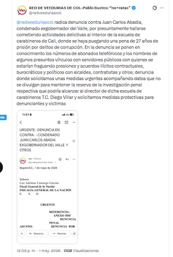 La Red de Veedurías de Colombia presentó una denuncia formal ante la Fiscalía por presuntas acciones delictivas de Juan Carlos Abadia - crédito @redveeduriascol/X