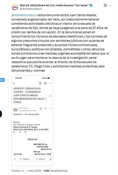La Red de Veedurías de Colombia presentó una denuncia formal ante la Fiscalía por presuntas acciones delictivas de Juan Carlos Abadia - crédito @redveeduriascol/X