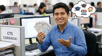 Joven sonriente en una oficina abierta sostiene un abanico de billetes de Soles peruanos. Sobre su cubículo, un cartel dice 'CTS COBRADA!'.