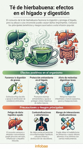 Una infografía sobre el té de hierbabuena con ilustraciones del hígado, vesícula biliar, estómago e intestinos, una taza de té y varias píldoras.