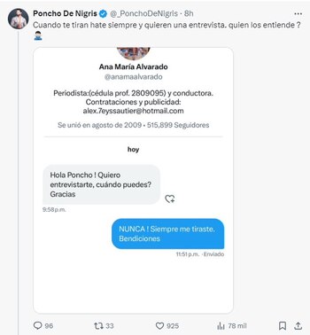 Poncho de Nigris filtró en X un mensaje privado que le envió Ana María Alvarado.