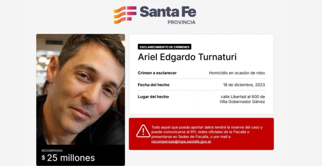 La Provincia elevó a $25 millones la recompensa por datos que permitan esclarecer el homicidio de Ariel Turnaturi