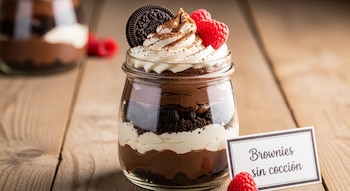 Postre de capas en un tarro de cristal con mousse de chocolate, crema batida, trozos de brownie, galleta Oreo y frambuesas frescas sobre madera.