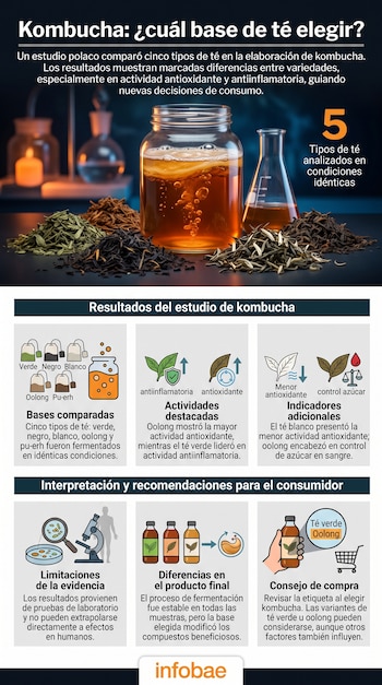 Infografía sobre kombucha que muestra una jarra, material de laboratorio, montones de hojas de té y gráficos con datos sobre té verde, negro, blanco, oolong y pu-erh.