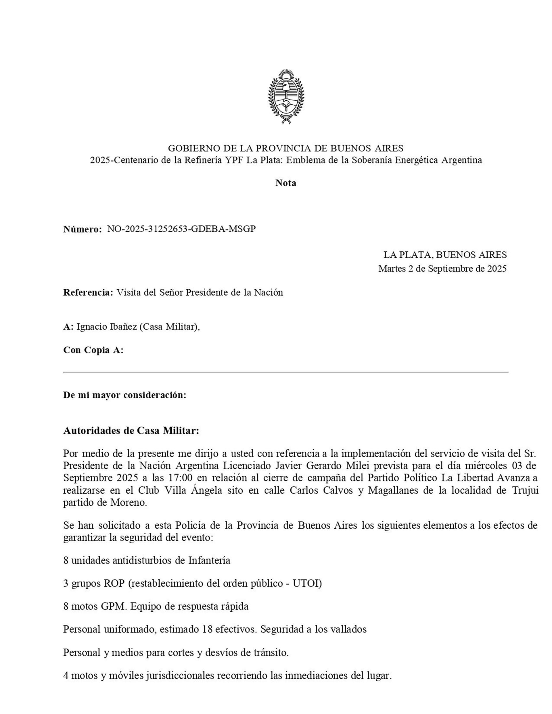La nota enviada ayer por el ministerio de Seguridad bonaerense, sobre el acto de Javier Milei (Crédito: Ministerio de seguridad bonaerense)