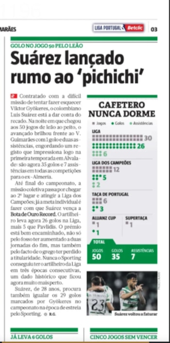 El diario deportivo más importante de Portugal destacó a Luis Javier Suárez tras sus asistencias y gol con el cuadro de los "Leones"-crédito Record Portugal