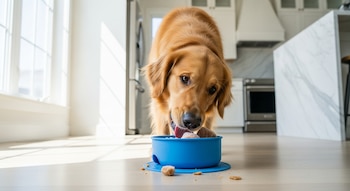 Perro Golden Retriever con la cabeza inclinada, lamiendo comida congelada de un cuenco azul en un suelo claro. Trozos de comida están esparcidos. Cocina moderna al fondo.