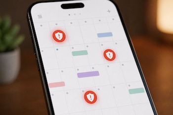 Pantalla de teléfono celular con una cuadrícula de calendario, barras de colores y tres círculos rojos con escudos de advertencia.