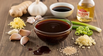 Un cuenco de salsa teriyaki oscura, rodeado de jengibre fresco y rallado, ajos enteros y picados, cebolla verde, semillas de sésamo, Mirin y salsa de soja en un bol, sobre madera.