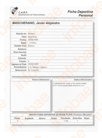 La ficha técnica con los datos y perfil de Javier Mascherano. Delem llevaba un registro de todos sus jugadores