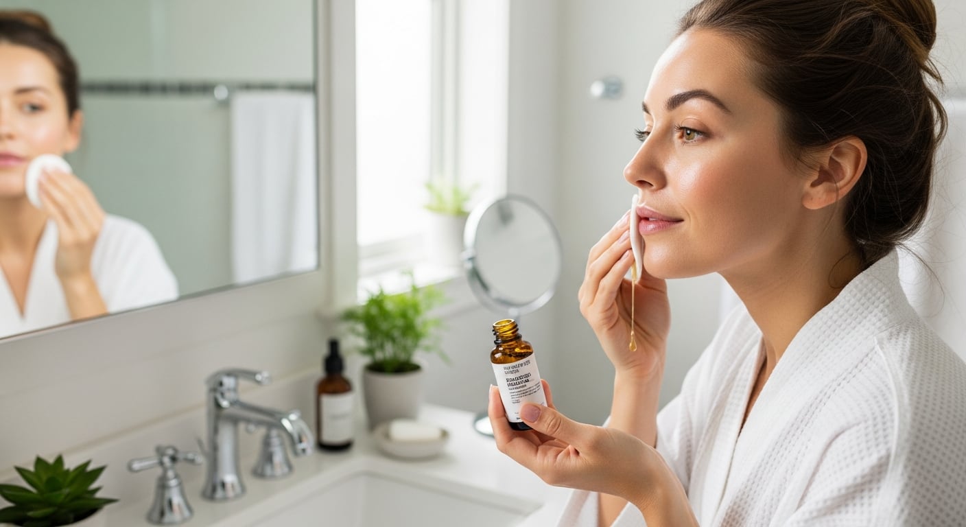 Una mujer aplica cuidadosamente tónico facial de linaza en su rostro con un algodón para su rutina de cuidado de la piel en el baño. (Imagen Ilustrativa Infobae)