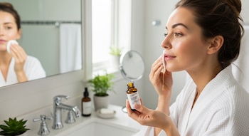 Mujer de perfil en un baño, con albornoz blanco, aplicando tónico facial de linaza en su rostro con un algodón. Sostiene una botella de gotero.
