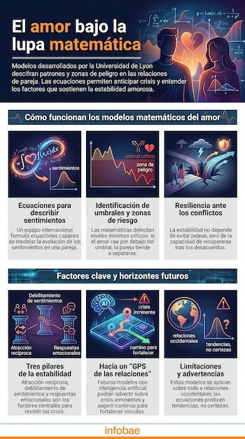 Infografía con título sobre el amor bajo la lupa matemática, contiene ecuaciones, gráficos, personas, pilares, inteligencia artificial y un globo terráqueo.
