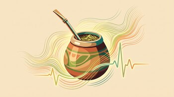 Recipiente de mate con bombilla metálica, hojas trituradas, líneas curvas fluidas y el trazado de un pulso sobre un fondo claro.