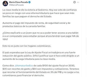María Clara Posada, senadora, anotó que el Ley de Rescate no es justa con los hogares - (@MaClaPosada/X)
