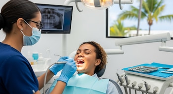 Una dentista con mascarilla y guantes examina a una mujer en una silla dental. Herramientas, una lámpara y un monitor con radiografías son visibles.