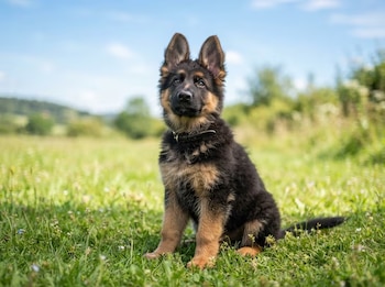Un cachorro de pastor alemán con collar negro permanece sentado en un campo de hierba verde