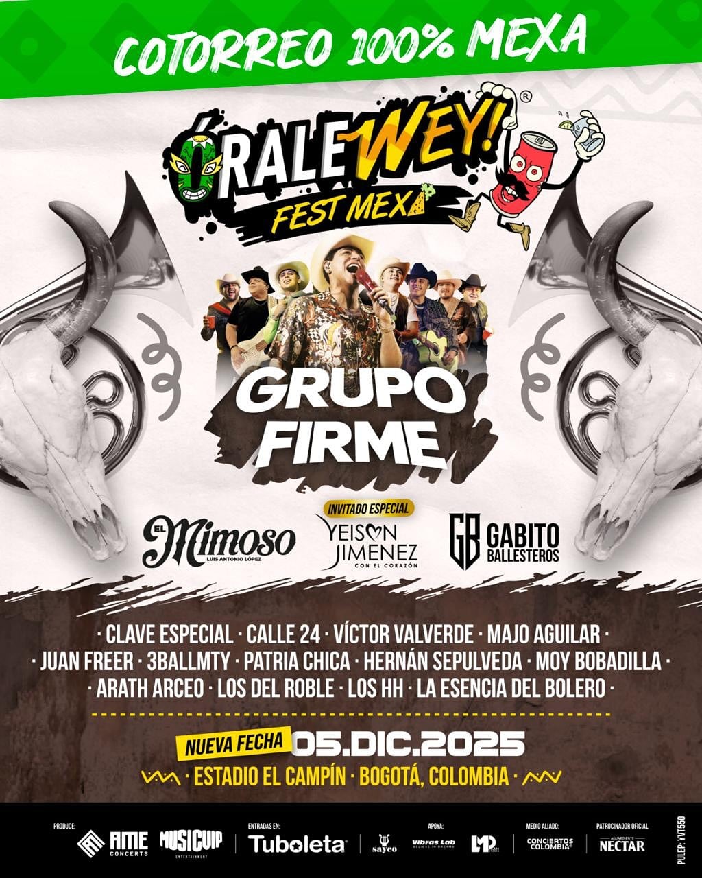 Yeison Jiménez se incluye entre los invitados a la nueva fecha del Órale Wey Fest el 5 de diciembre, en el estadio El Campín - crédito @oraleweyfest/Instagram