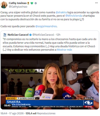 Cathy Juvinao resalta el compromiso de Shakira en el Chocó y lanza cuestionamientos al Ministerio de Vivienda - crédito @CathyJuvinao/X