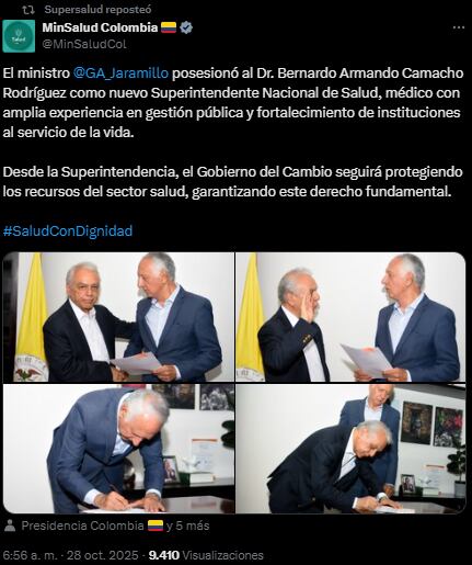 El anuncio del nombramiento de Bernardo Camacho se dio por la cuenta oficial del Ministerio de Salud - crédito @MinSaludCol