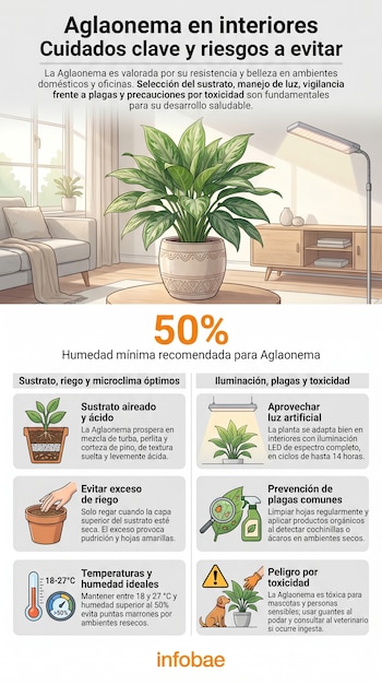 Infografía detallada sobre la planta Aglaonema. Muestra una planta en una sala de estar y paneles con iconos sobre sustrato, riego, luz, plagas y toxicidad.