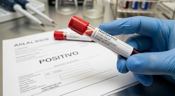 Primer plano de una mano enguantada de azul sosteniendo un tubo de sangre con etiqueta 'Hantavirus'. Al fondo, una hoja de análisis con la palabra 'POSITIVO'.