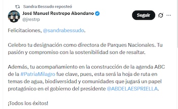 El vicepresidente electo José Manuel Restrepo Abondano felicitó a Sandra Bessudo por su designación como directora de Parques Nacionales - crédito @jrestrp/X