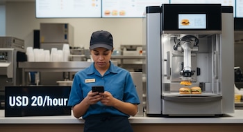 Empleado de comida rápida con uniforme y gorra revisa teléfono. A su lado, cartel "USD 20/hora" y robot preparando hamburguesas.
