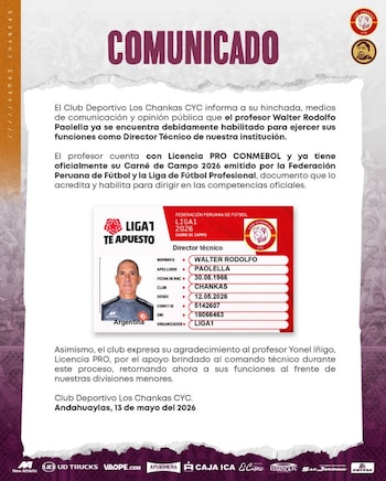 Walter Paolella – Los Chankas – Yonel Iñigo - Liga 1 – Perú – deportes – 13 mayo