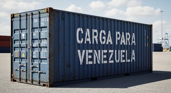 Contenedor de carga azul oxidado con la inscripción 'CARGA PARA VENEZUELA' en un patio de maniobras de puerto con grúas y otros contenedores.