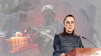 Ilustración acuarela de Claudia Sheinbaum en un podio con micrófono, un hombre con uniforme táctico y rifle, personas con bidones y un mapa de México.