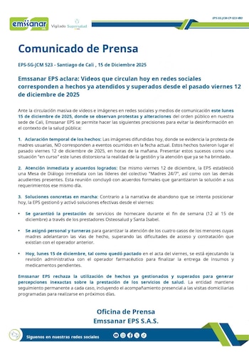 La EPS informa que atendió