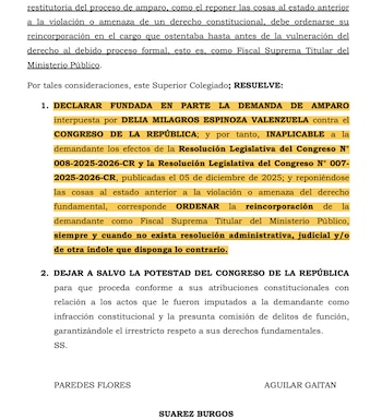 PJ falla a favor de Delia Espinoza.