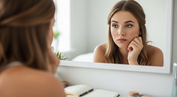 Vista cercana de una mujer joven de cabello castaño mirando su reflejo en un espejo, con su mano derecha apoyada en la barbilla.