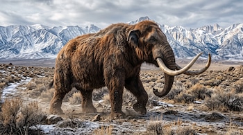 Mastodonte de pelaje pardo y colmillos largos caminando en un valle árido con parches de nieve y montañas al fondo.