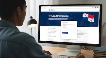 Hombre sentado frente a un monitor de computadora que muestra el sitio web e-TAX 2.0 de la DGI Panamá y la bandera del país. Una lámpara y libros en el escritorio.