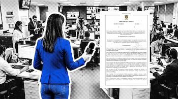 Vista trasera de una periodista con chaqueta azul y micrófono, frente a un decreto en primer plano. De fondo, una redacción de noticias en blanco y negro.