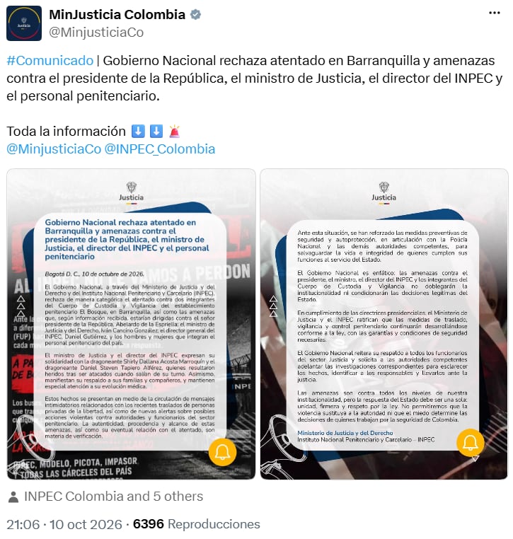 Gobierno reforzó medidas de seguridad tras ataque contra guardianes del Inpec en Barranquilla - crédito @MinjusticiaCo/X