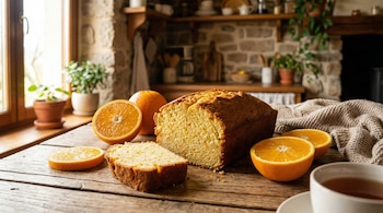Budín de naranja casero recién horneado y cortado en una mesa de madera, rodeado de naranjas frescas, con una taza de té y luz natural de una ventana.