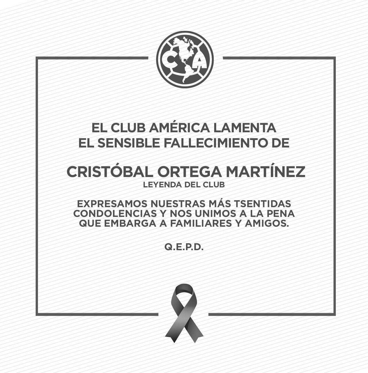 Mensaje del América sobre el fallecimiento de Cristóbal Ortega.
Foto: X/Club América