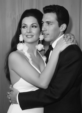 Fotografía en blanco y negro de una pareja abrazada. Ella tiene el cabello oscuro, aretes grandes blancos y un vestido de tirantes. Él viste traje con corbatín