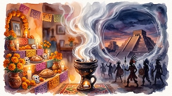 Ilustración en acuarela con una ofrenda de muertos a la izquierda, un sahumador de copal al centro y la pirámide del Templo Mayor a la derecha.