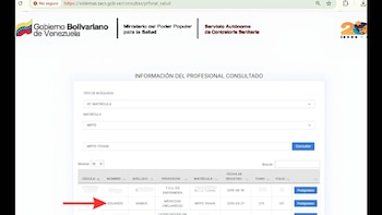 El registro oficial en Venezuela que señala a Eduardo David Ramos como médico cirujano - crédito captura de pantalla Sacs / sitio web