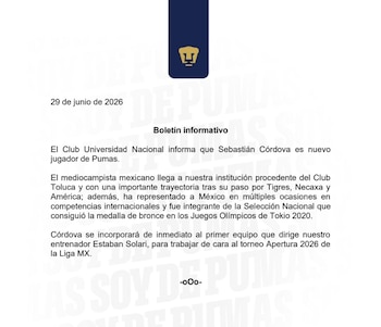 Pumas presentó a Sebastián Córdova como su primer fichaje en la era de Esteban Solari (Cortesía Pumas)