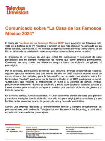 Televisa Univisión comunicó que La