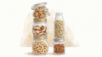 Ilustración acuarela de cinco tipos de frutos secos envasados en recipientes de cristal: nueces, nueces de Brasil, castañas de cajú, pistachos y almendras.